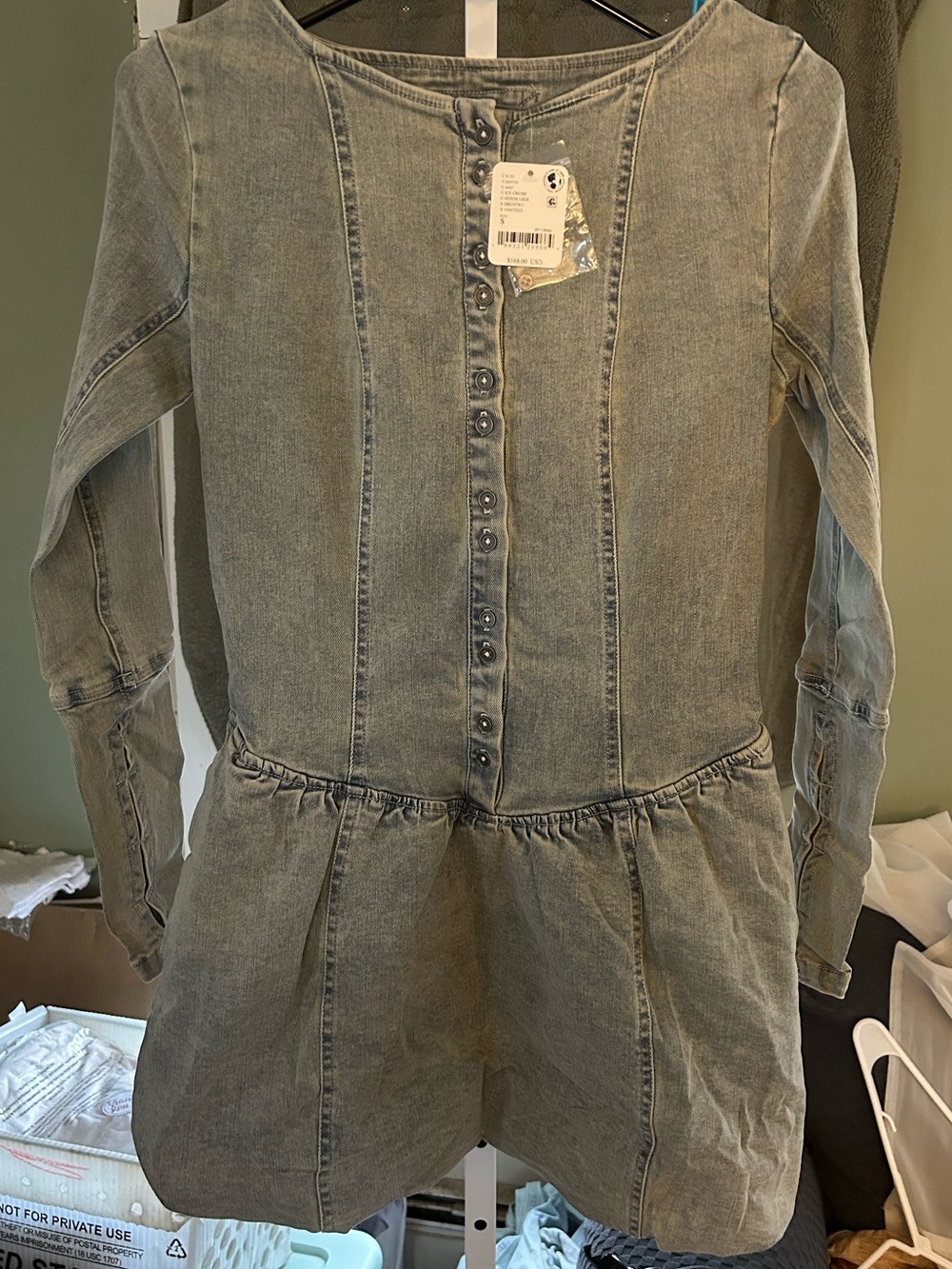 Free People Button-Front Washed Denim Dress with balloon bottom